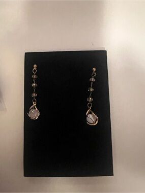 078 Gold Drop Earrings with Gray Beads and White Stone Accent